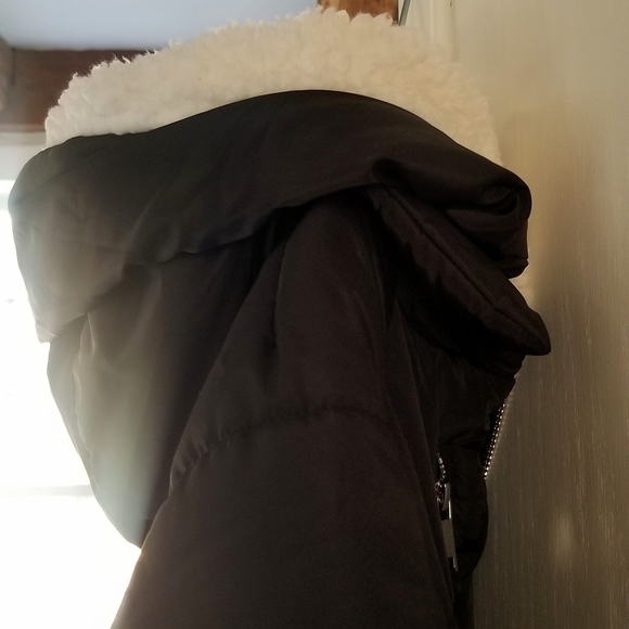 Women's puffer, "For all Mankind" sz small, black,  zippers, fleece hood. - Picture 3 of 4